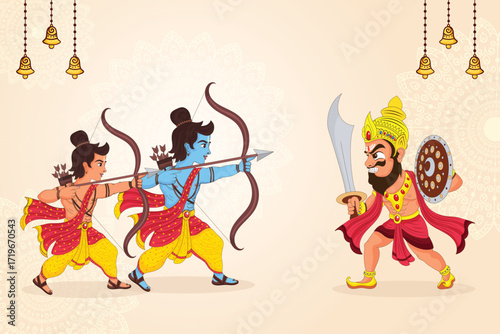 A vector illustration for the Dussehra festival showing Lord Rama and his brother Lakshmana battling a fierce Asura, celebrating the triumph of good.