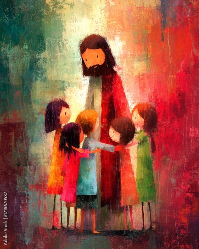 Warm artistic illustration of Jesus surrounded by children