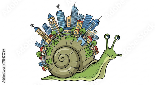 A whimsical illustration of a snail carrying a miniature city on its back, symbolizing slow urban growth