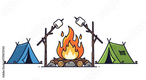 A cozy camping scene with a bonfire, marshmallows, and tents, perfect for a relaxing outdoor adventure