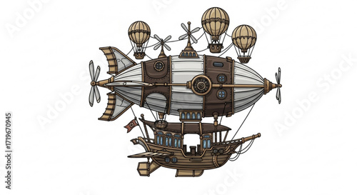 A steampunk airship with balloons and propellers, showcasing vintage technology and fantasy elements in a unique design