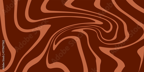 Retro coffee color background. Milk chocolate liquid dessert texture. Wavy swirl candy pattern for poster, cover, banner, pamphlet. Vintage brown trippy hippie wallpaper in 60s or 70s style. Vector
