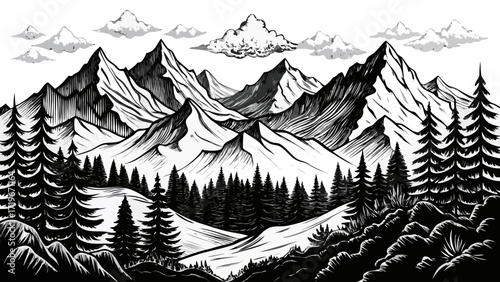 Hand-drawn black outline mountain range with forest silhouette and rolling hills minimalist vector landscape panoramic nature scenery ink sketch travel outdoors background