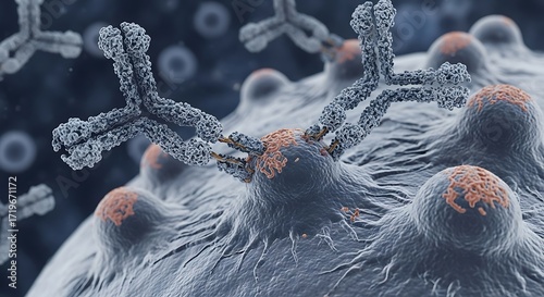 Antibodies Attacking Virus Cells - A Microscopic Immune Response.