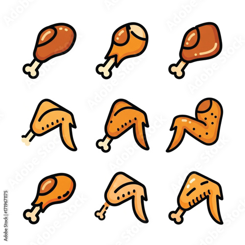 Cartoon Chicken Legs and Wings Assortment with Black Outlines and Orange Tones.
