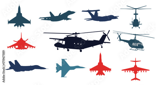 Collection of silhouetted military aircraft and helicopters.