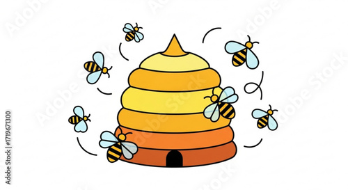Illustration of a beehive with bees flying around it the beehive is yellow and orange, and the bees are black and yellow