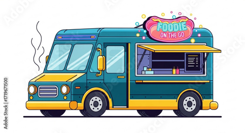 A vibrant food truck, adorned with a foodie on the go sign, promises delicious street food adventures for hungry customers