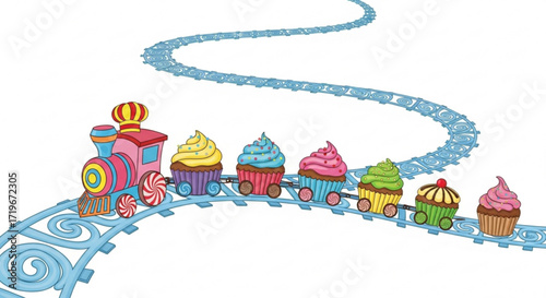 A whimsical cupcake train chugs along a winding track, each car adorned with a delectable cupcake, a sweet adventure awaits
