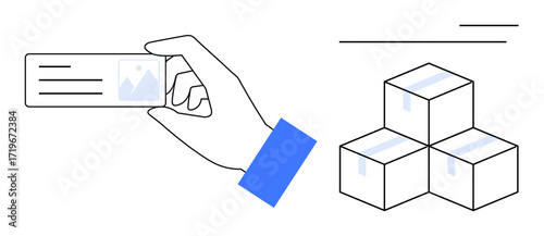 Hand holding identification card beside three stacked packages. Ideal for logistics, delivery, organization, customer service, identity, ecommerce, security. Clean and simple flat metaphor
