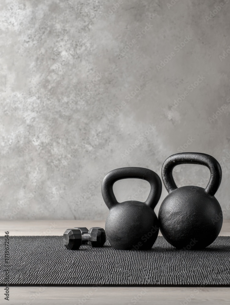 Fototapeta premium A sleek workout space features two black kettlebells and a pair of dumbbells resting on a textured mat. The backdrop is a smooth, light-colored wall. Perfect for strength training