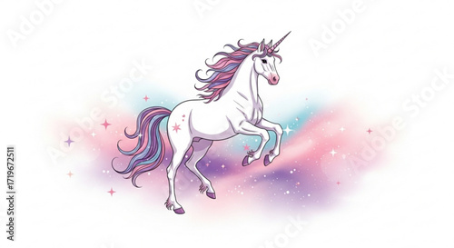 A majestic unicorn prancing with a flowing mane and tail, a magical creature for fantasy and fairytale
