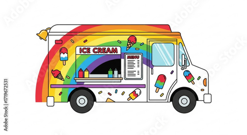 Ice cream truck, a delightful mobile dessert shop adorned with rainbow hues and sweet treats, ready to bring joy to all