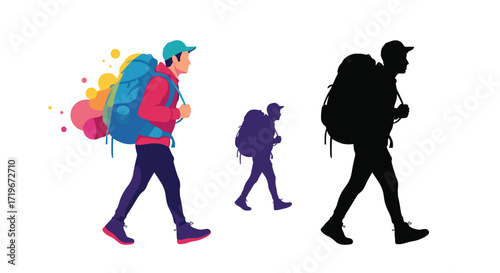 A colorful illustration and silhouette of a person hiking with a large backpack on.
