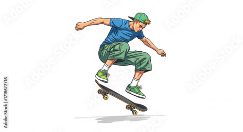 Skateboarder performing a trick, showcasing youth, skill, and energy in action sports, embodying freedom and the thrill of skateboarding