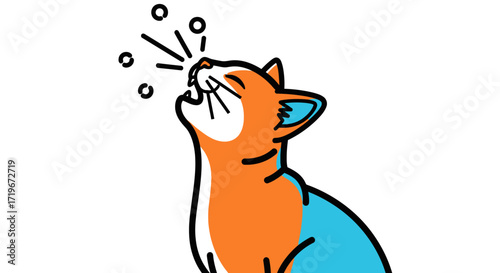 A playful cartoon illustration of a sneezing cat with vibrant colors and clean lines