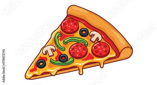 Delicious pizza slice, featuring pepperoni, mushrooms, olives, and peppers, a tempting treat for food lovers and pizza enthusiasts