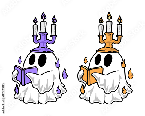 Halloween Ghost Reading with Candle Headdress Spooky Season Illustration