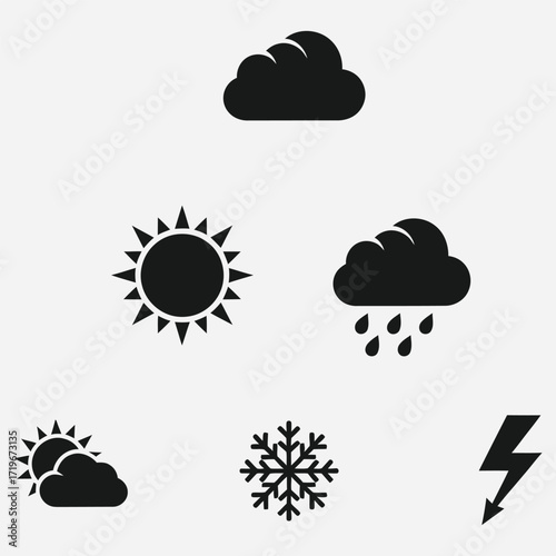 Collection of weather icons representing sun, clouds, rain, snow, and lightning, symbolizing different meteorological conditions and forecasts