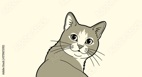 A cute cartoon cat illustration looking at the viewer with a curious expression cat drawing style