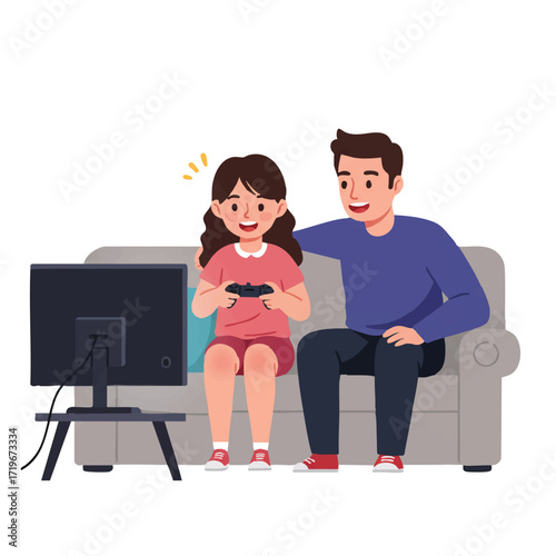 Young girl enthusiastically demonstrates a video game to her father sitting on a couch, both looking at the TV screen, controller in hand, vibrant 2D flat vector style.