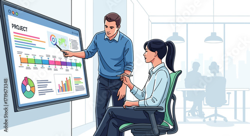 Business presentation with data analysis on digital screen and colleagues review the project and