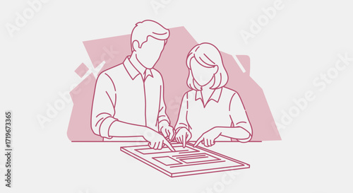Illustration of a man and a woman working together on a project with a shared document