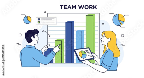 Illustration depicting teamwork with charts and graphs for business collaboration presentation