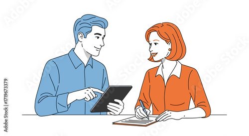 Professional collaboration: Man using tablet while woman takes notes during a meeting