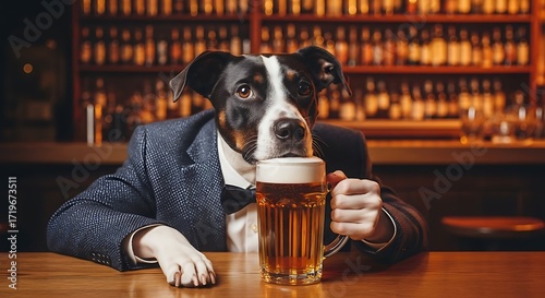 Dog in a suit enjoying a beer at the bar.