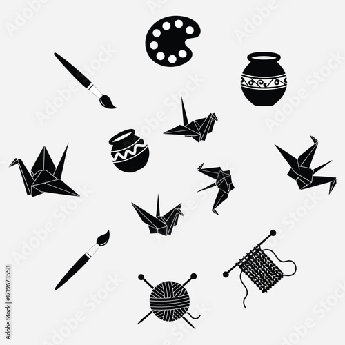 Creative hobby and handicraft icon set featuring painting, pottery, knitting, and origami paper art