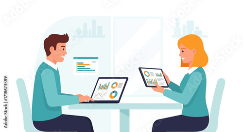 Business team analyzes data on a laptop and tablet to optimize business strategy for success
