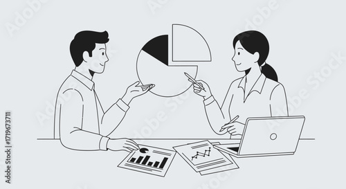 Business team discussing financial data represented by pie chart and graphs for strategy analysis