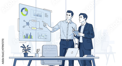 Two business professionals collaborate on data analysis and strategic planning review  at work