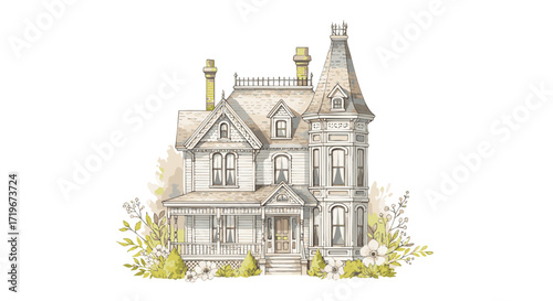 Elegant Victorian mansion illustration with intricate details and floral surroundings, showcasing architectural beauty from a front viewpoint