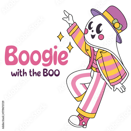 Ghost in striped outfit dancing with text Boogie with the Boo Keywords: ghost, boo, boogie