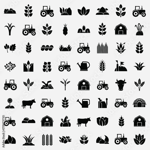 Modern vector icon set for agriculture and farming, featuring key elements of crop cultivation, livestock, farm machinery, and rural life, perfect for diverse design projects