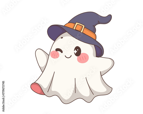 Cute winking ghost in a witch hat, a charming vector illustration for a friendly Halloween celebration, isolated on a white background