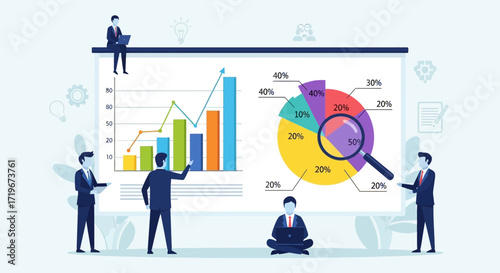 Business team analyzes graphs and charts for market trend and financial growth analysis