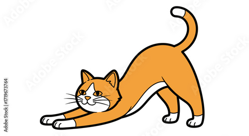 Cartoon illustration of a stretching ginger cat isolated on a white background