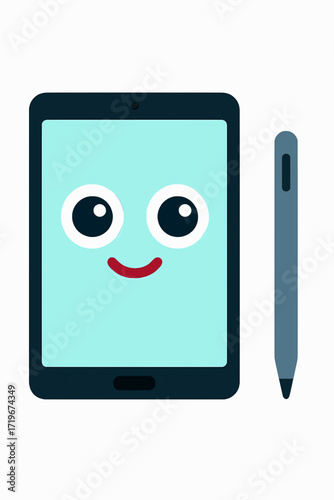 Flat vector illustration of a tablet with cartoon eyes and stylus on a white background