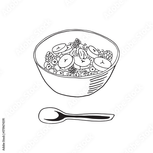 Black and white line drawing of a bowl with sliced bananas, berries, nuts, and cereal. Minimalist food illustration with spoon isolated on white background.