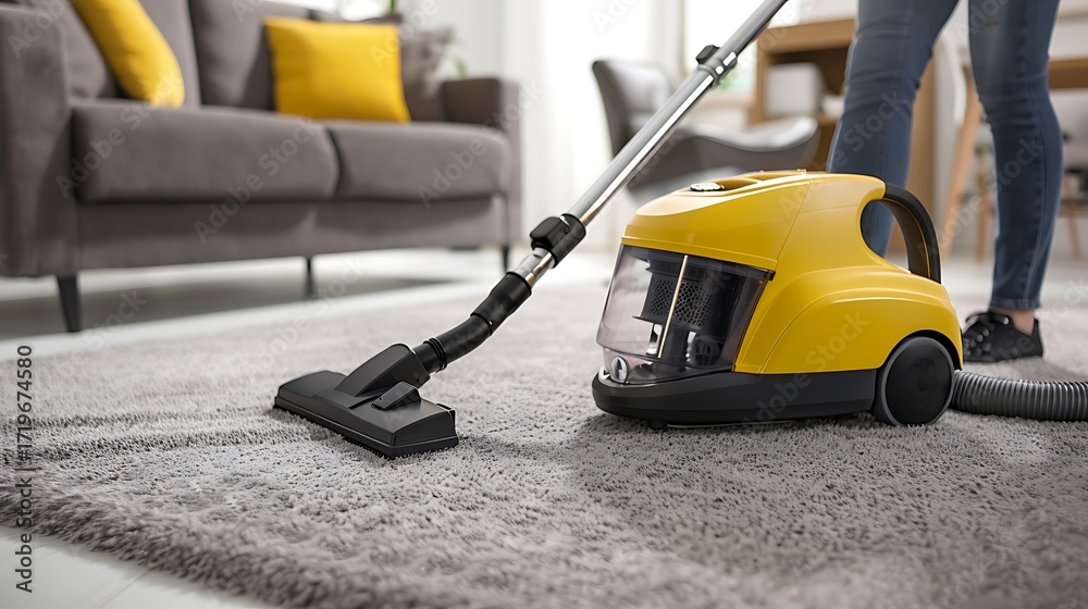 Fototapeta premium Vibrant Yellow Vacuum Cleaner Tidies Living Room Carpet