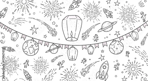 Festive Space Celebration: Sky Lanterns, Rockets, and Fireworks