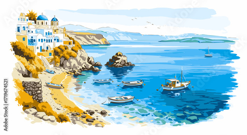 A serene Greek island seascape with boats, church, and mountains viewed from a high vantage point 1580.eps