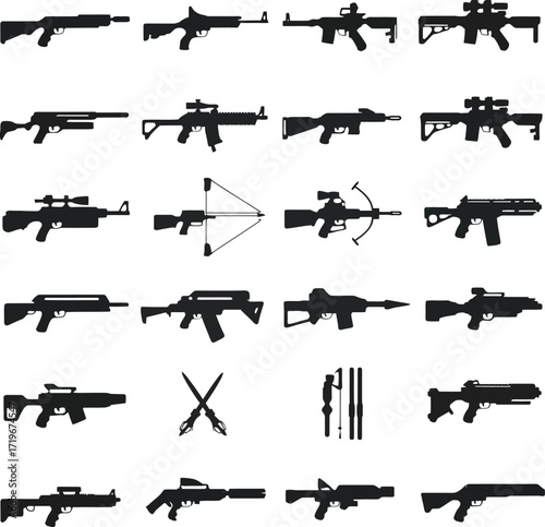 Vector art of collection of various firearms and weapons silhouettes, showcasing a diverse range of military and hunting equipment for design elements