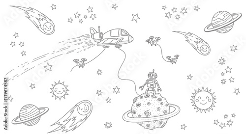 Hand-Drawn Space Adventure: Robot, Spaceship, Planets, Comets, and Smiling Sun