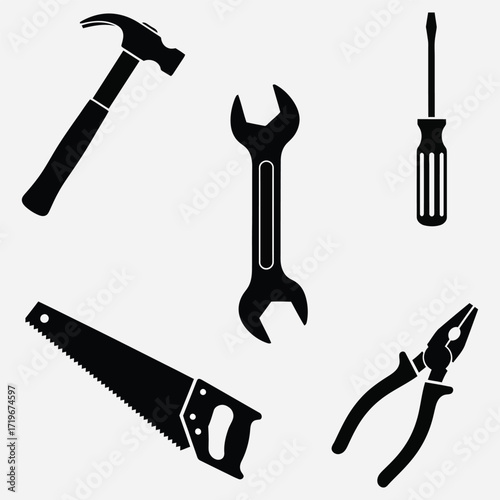 Collection of black silhouette icons representing common hand tools for DIY projects and repairs, including a hammer, wrench, screwdriver, saw, and pliers