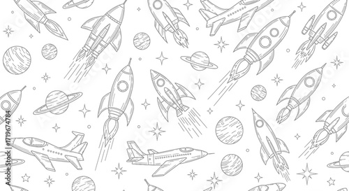Space Exploration Pattern with Rockets, Jets, Planets, and Stars in Line Art Style