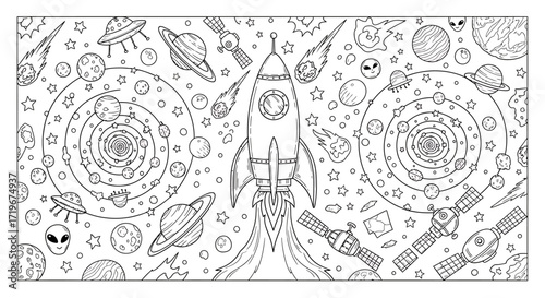 Rocket Launching Through a Cosmos of Planets, Satellites, Aliens, Stars and Comets